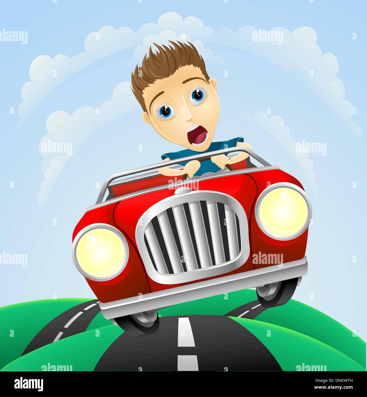 Un jeune homme très peur à la conduite rapide en voiture de sport classique Illustration de Vecteur