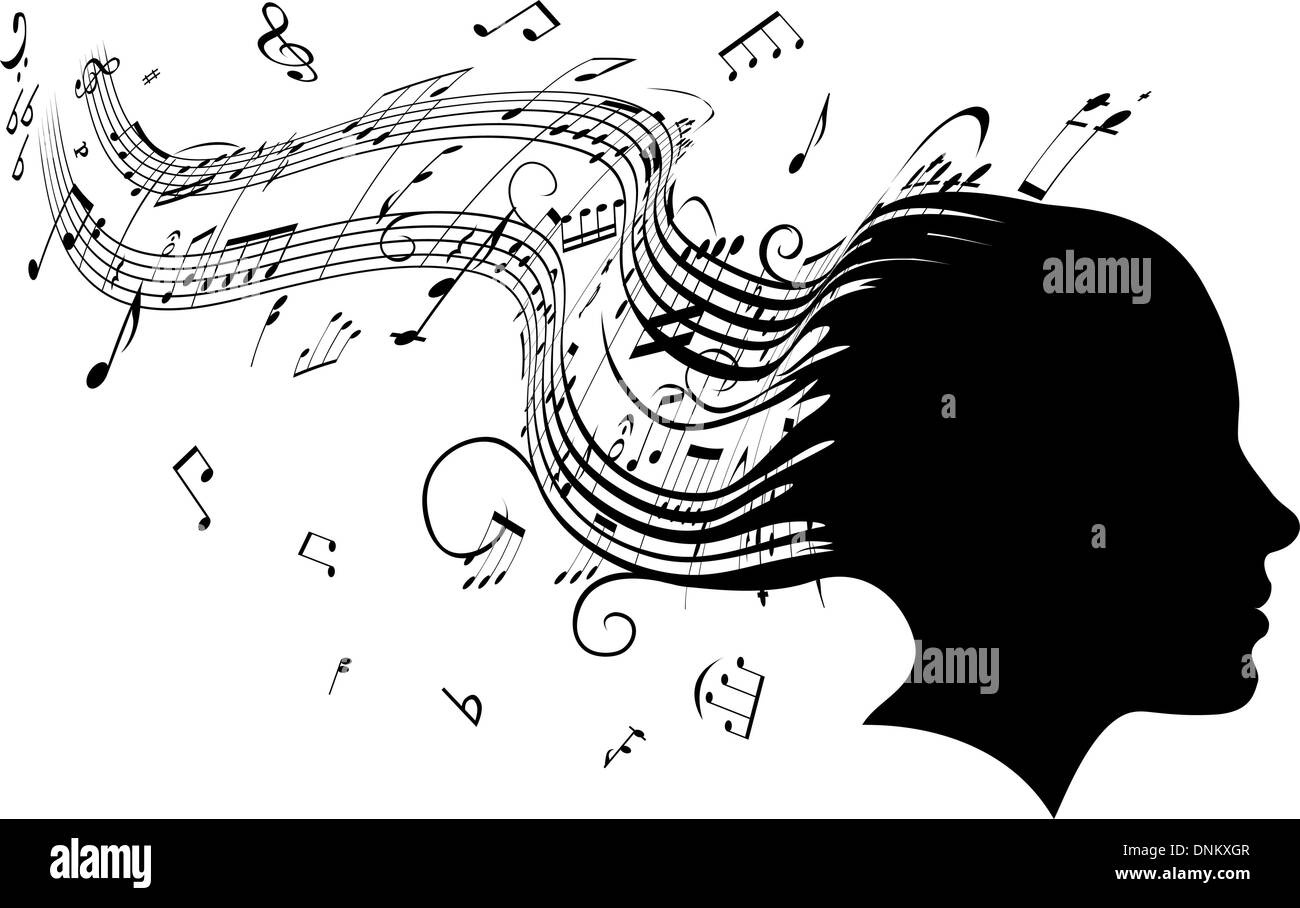 Illustration conceptuelle de la tête d'une femme de profil avec un sèche se transformer en notes de musique partitions de musique Illustration de Vecteur