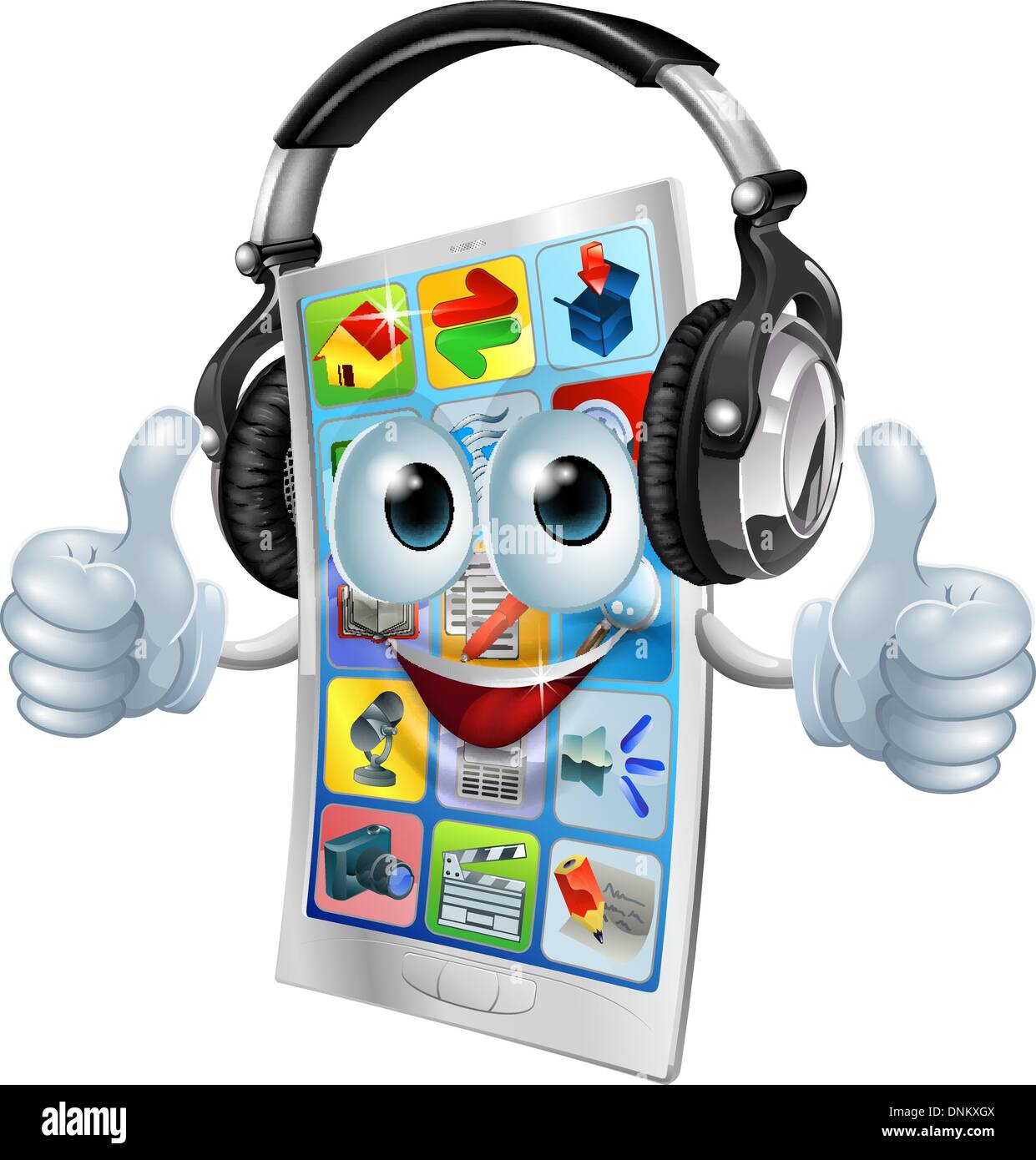 Un téléphone cellulaire cartoon mascot avec de gros écouteurs sur l'écoute de la musique et donnant un double Thumbs up. Illustration de Vecteur