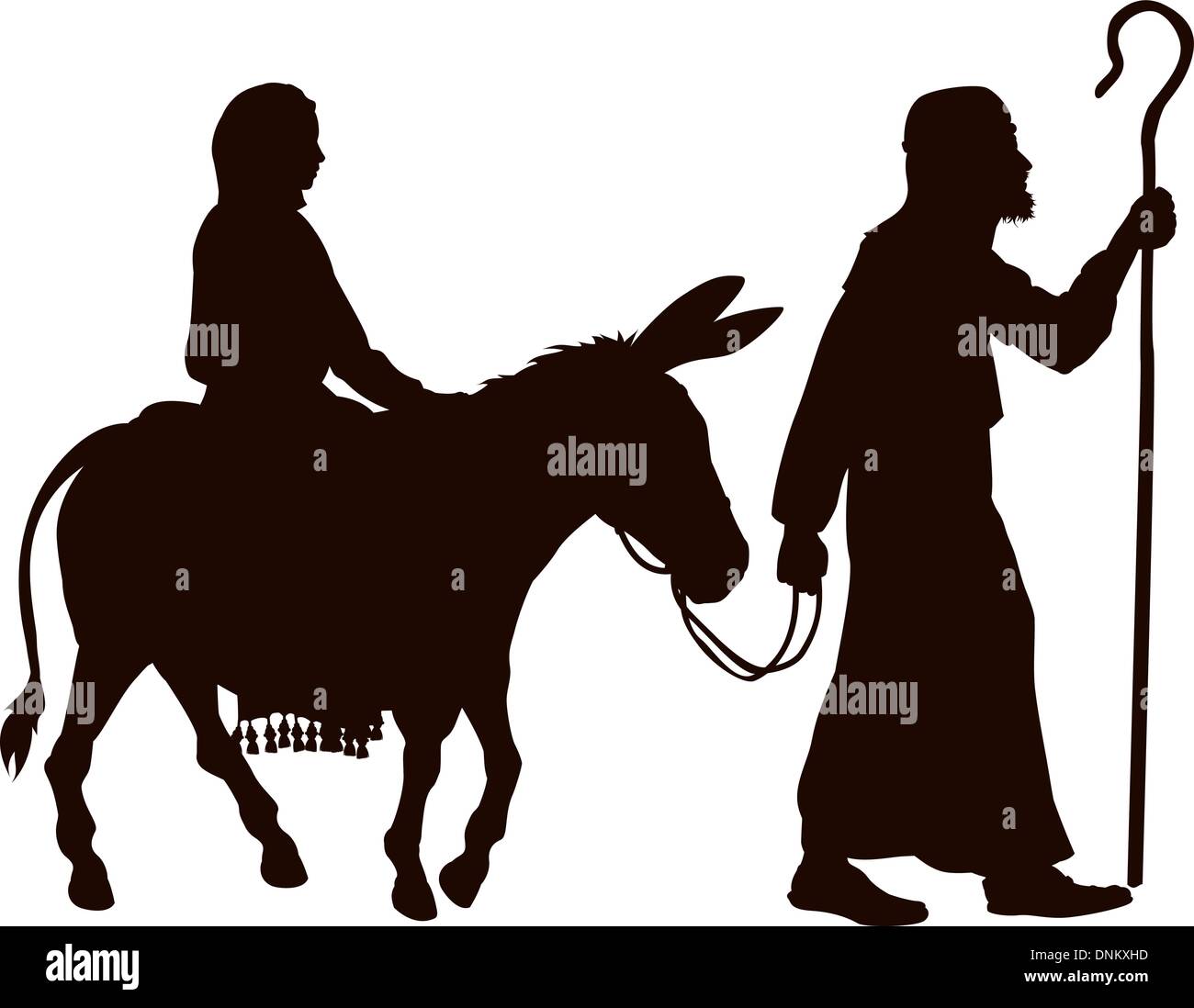 Silhouette illustrations de Marie et Joseph en voyage avec un âne à la recherche d'un endroit pour rester sur la veille de Noël. Illustration de Vecteur