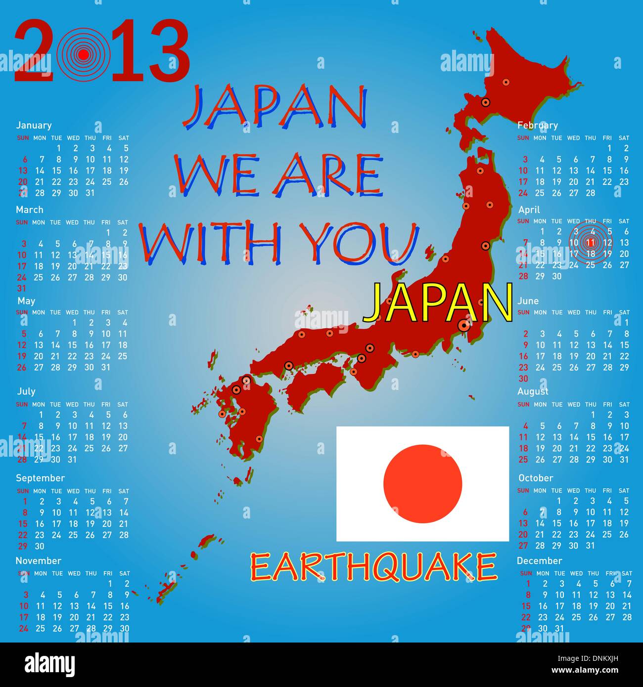 Le Japon calendrier plan avec danger sur une centrale électrique atomique pour 2013. Semaine commence le dimanche. Illustration de Vecteur