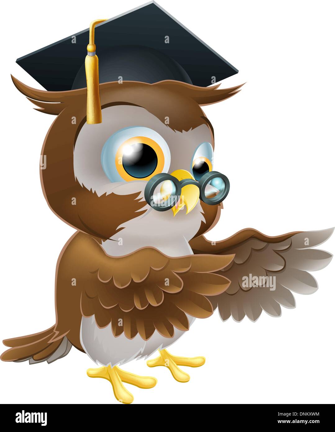 Un cute cartoon Wise Owl portant un conseil mortier professeur ou enseignant's hat et verres et vers les deux ailes Illustration de Vecteur