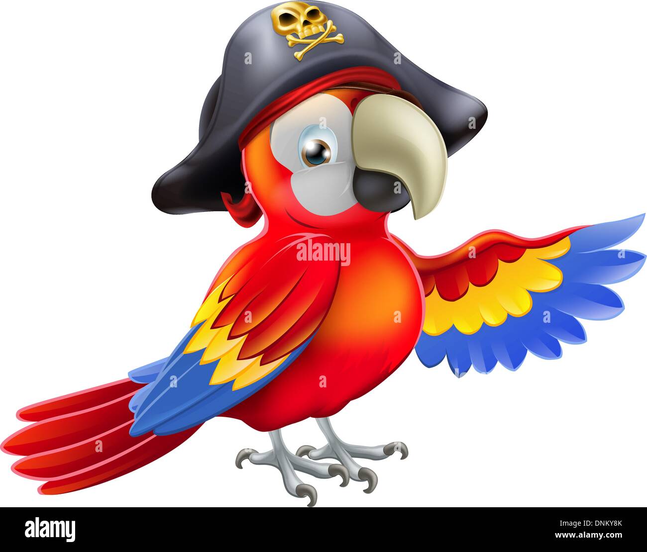 Un dessin de caractère avec un perroquet pirate cache et chapeau tricorne avec tête de mort avec son aile de pointage Illustration de Vecteur