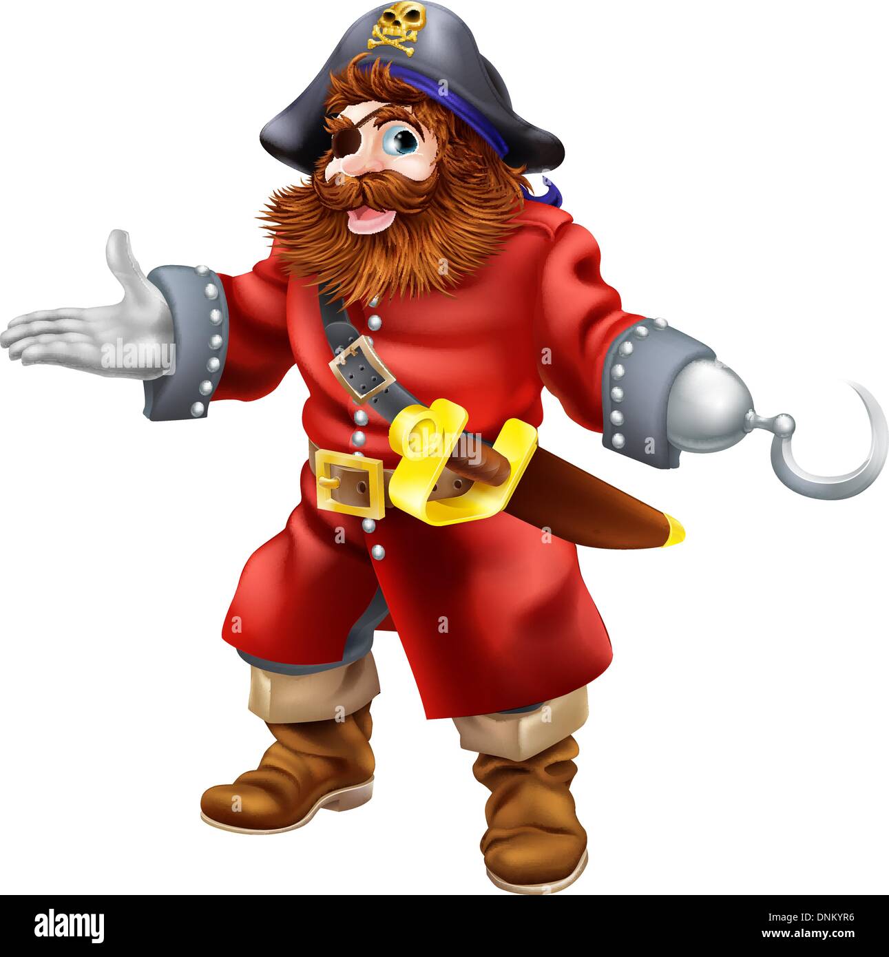 Illustration d'un happy smiling pirate avec un crochet et cache-oeil et le crâne et os croisés sur son chapeau de pirate Illustration de Vecteur