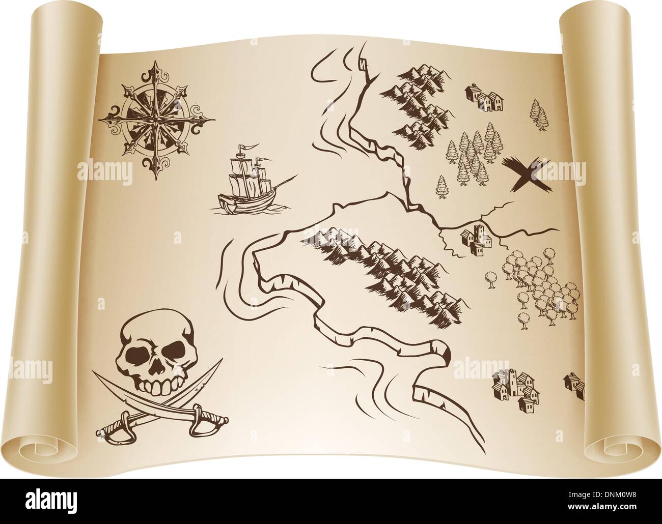Une illustration d'une vieille carte au trésor sur un papier enroulé avec défilement marquant l'endroit x Illustration de Vecteur