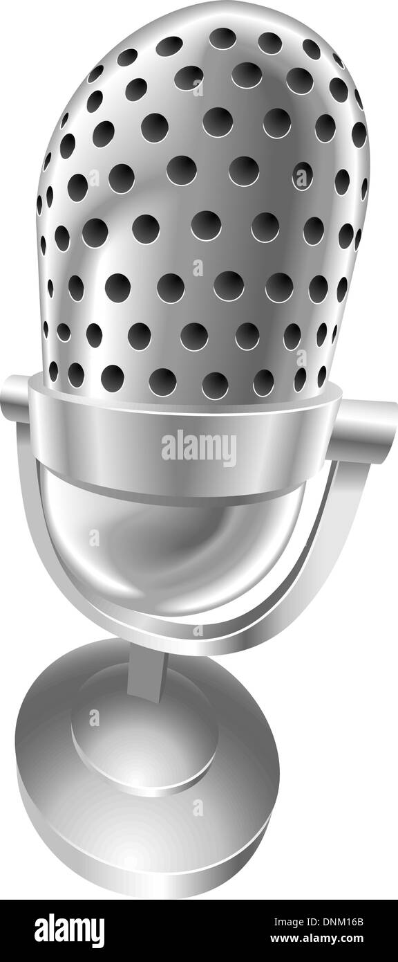 Un argent brillant métallisé acier vieux rétro style vector illustration microphone avec perspective dynamique. Peut être utilisé comme une icône ou Illustration de Vecteur