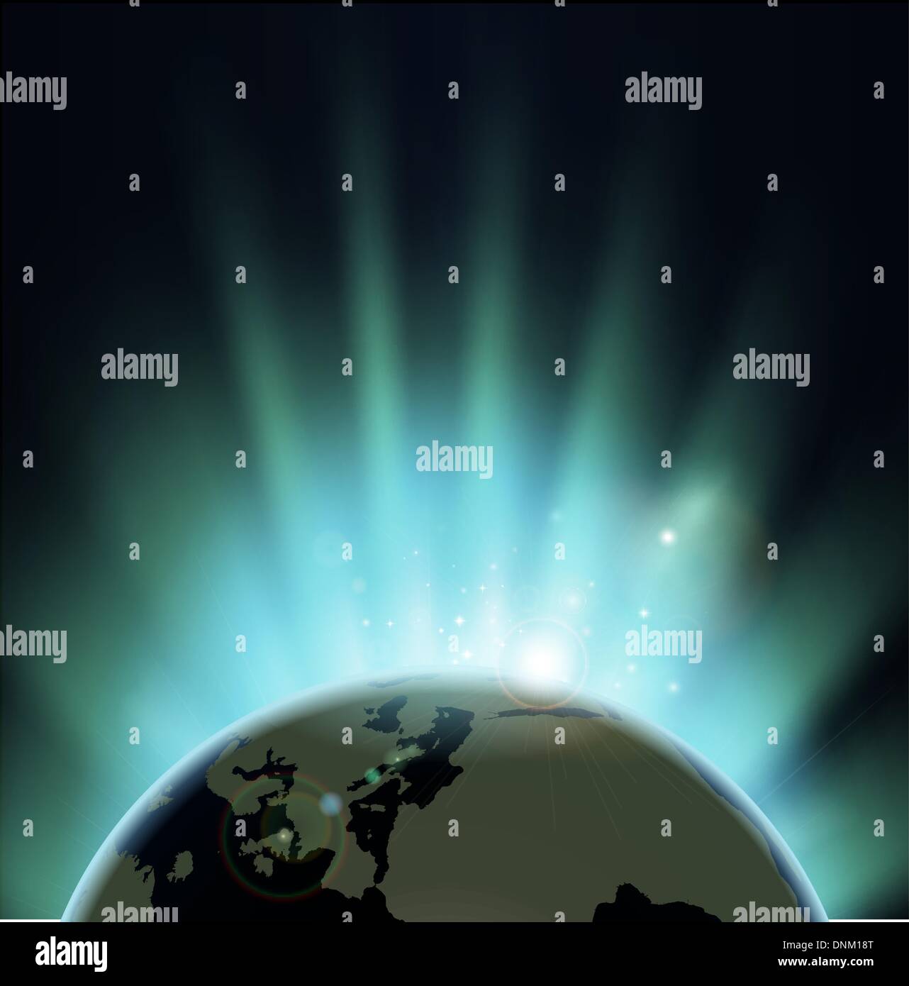 Arrière-plan avec des rayons de soleil se lever ou coucher sur la terre. L'Europe et l'Afrique à l'avant. Illustration de Vecteur