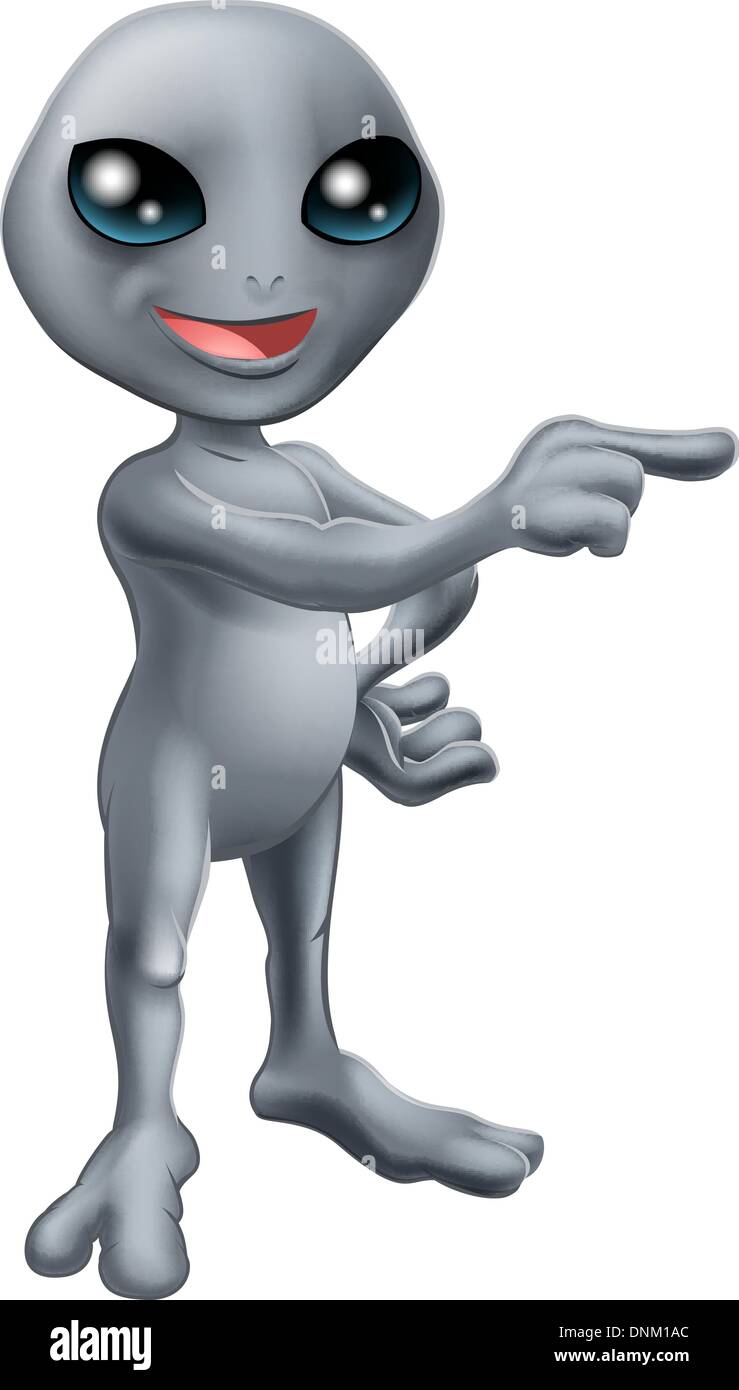 Une illustration d'un mignon petit dessin animé alien gris pointant un  doigt et montrant quelque chose Image Vectorielle Stock - Alamy