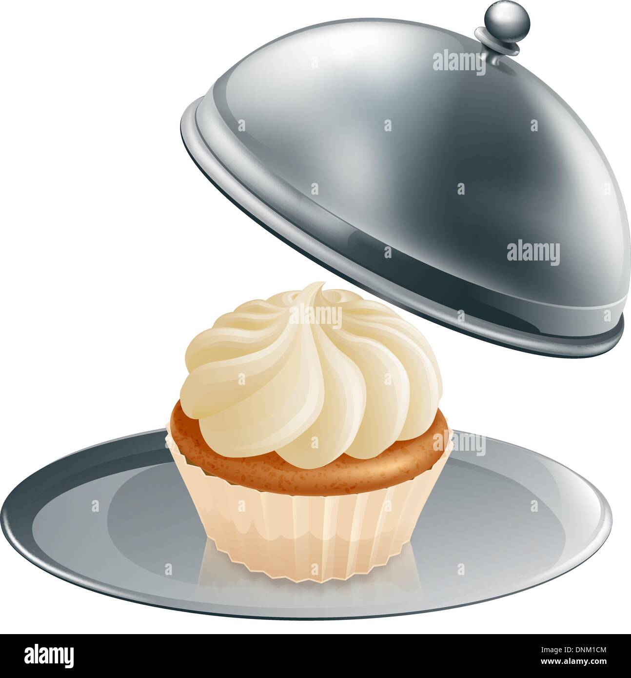 Un petit gâteau ou un muffin sur un plateau d'argent, le concept pourrait être pour la pâtisserie gastronomique ou un traitement spécial pendant un régime. Illustration de Vecteur
