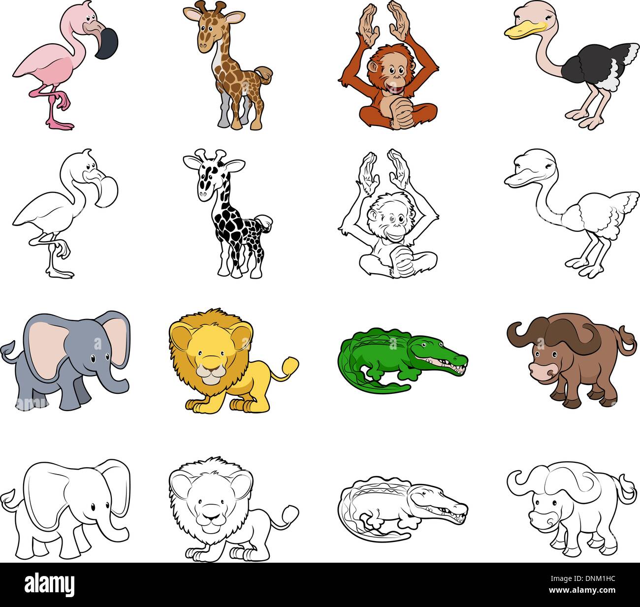 Un jeu de safari cartoon illustrations d'animaux. Couleur et noir un contour blanc versions. Illustration de Vecteur