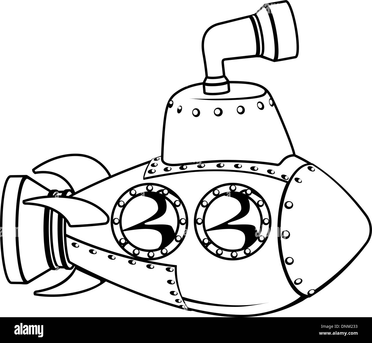 Illustration d'un sous-marin cute cartoon en noir et blanc indiquant Illustration de Vecteur