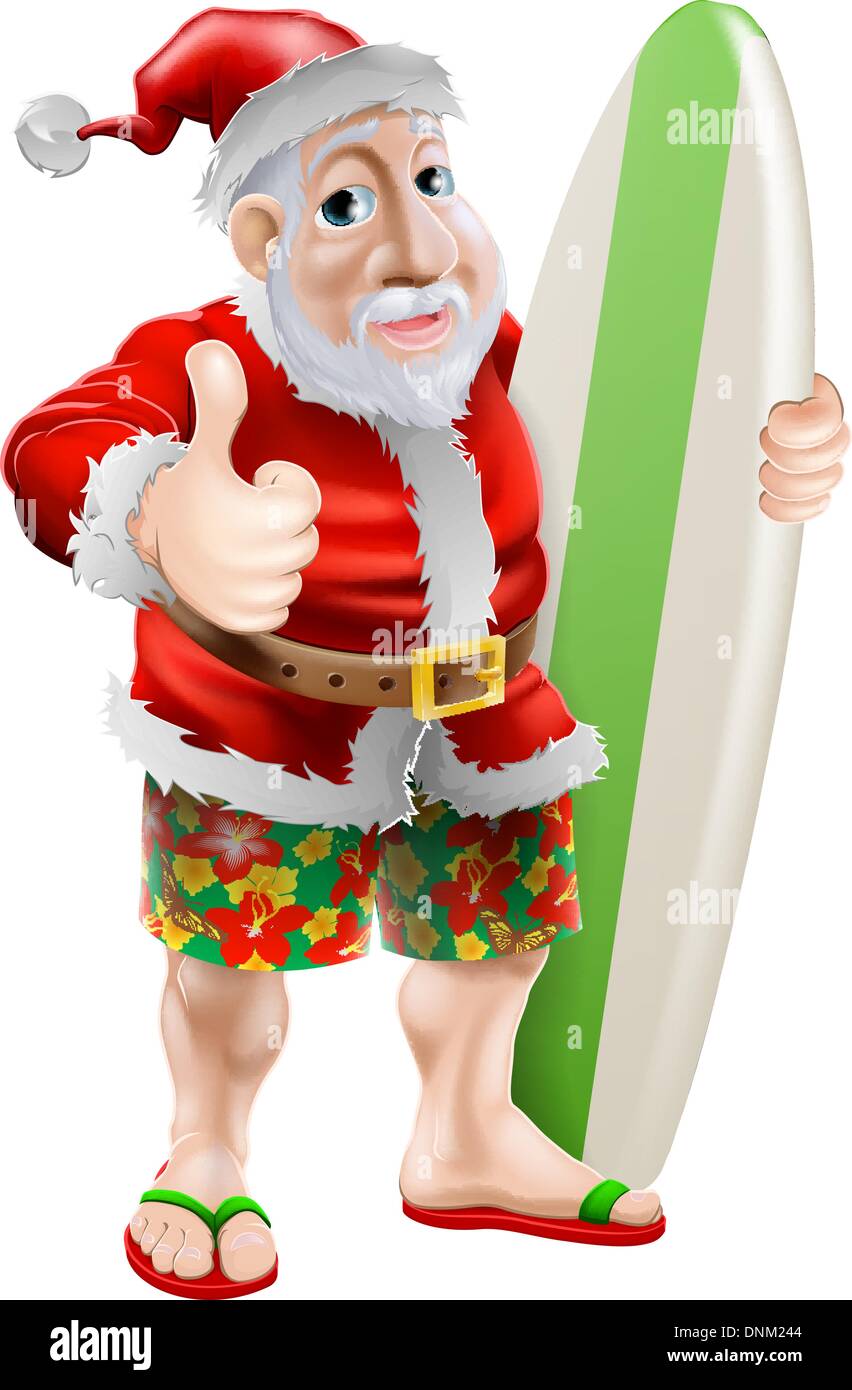 Une illustration de Santa en sandales et flip-flop beach Board shorts tenant une planche de surf et de faire un coup de pouce Illustration de Vecteur