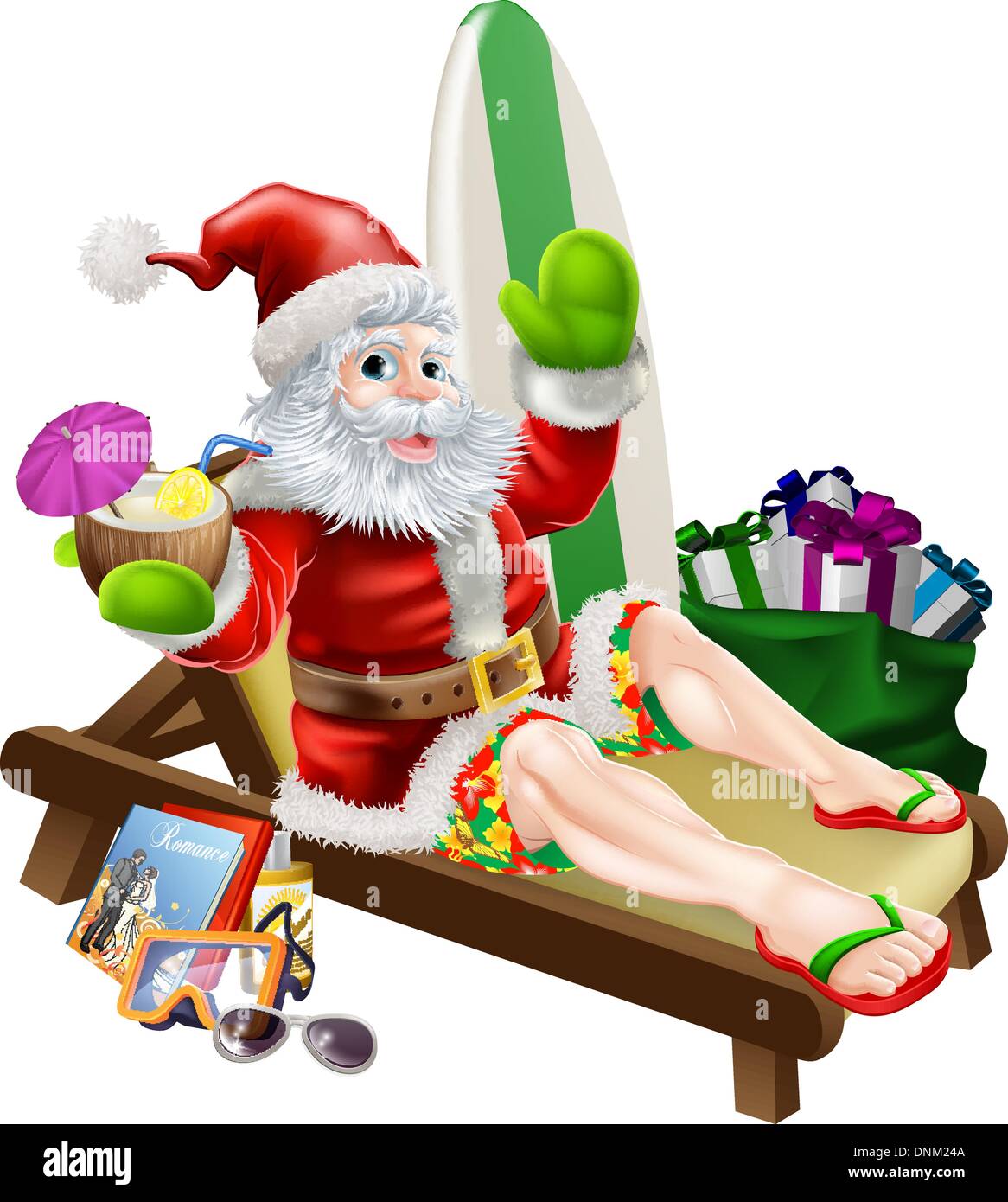 Noël Le Père Noël se détendre sur la plage ou à la piscine avec les  Bermudes ou Hawaiian short board et flip flop sandals et en Image  Vectorielle Stock - Alamy
