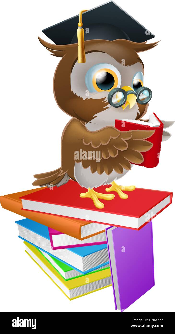 Une illustration d'un sage hibou sur une pile de livres lecture portant des lunettes et un chapeau de diplômé du mortier. Illustration de Vecteur