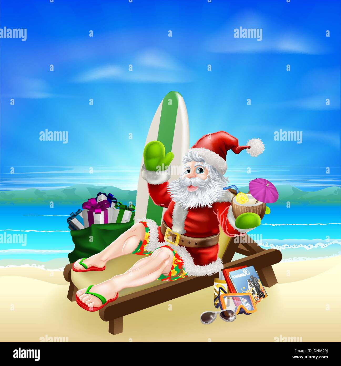 Noël Santa illustration. Santa se détendre dans sur la plage avec une planche de surf, des sacs cadeaux et autres articles des ans une tropi Illustration de Vecteur