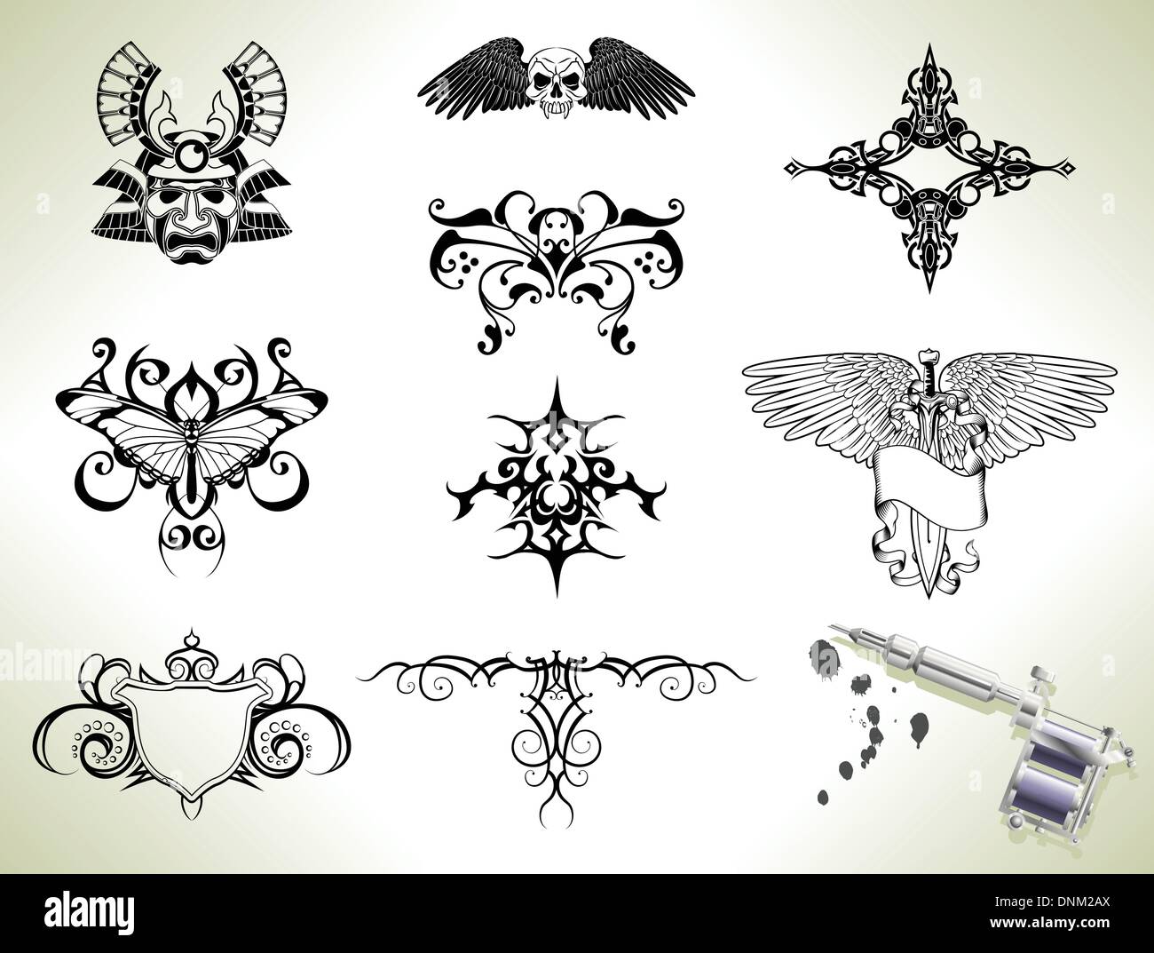 Tatouage-série Éléments de conception flash avec des armes à feu ou d'une machine tatoueurs Illustration de Vecteur