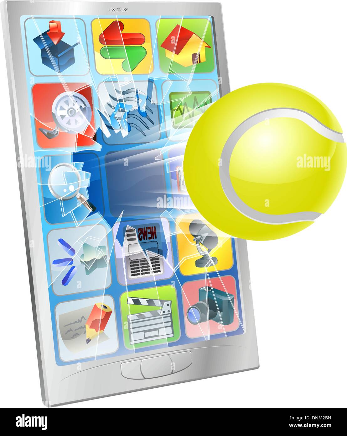 Illustration d'une balle de tennis flying out of a broken cell phone écran Illustration de Vecteur