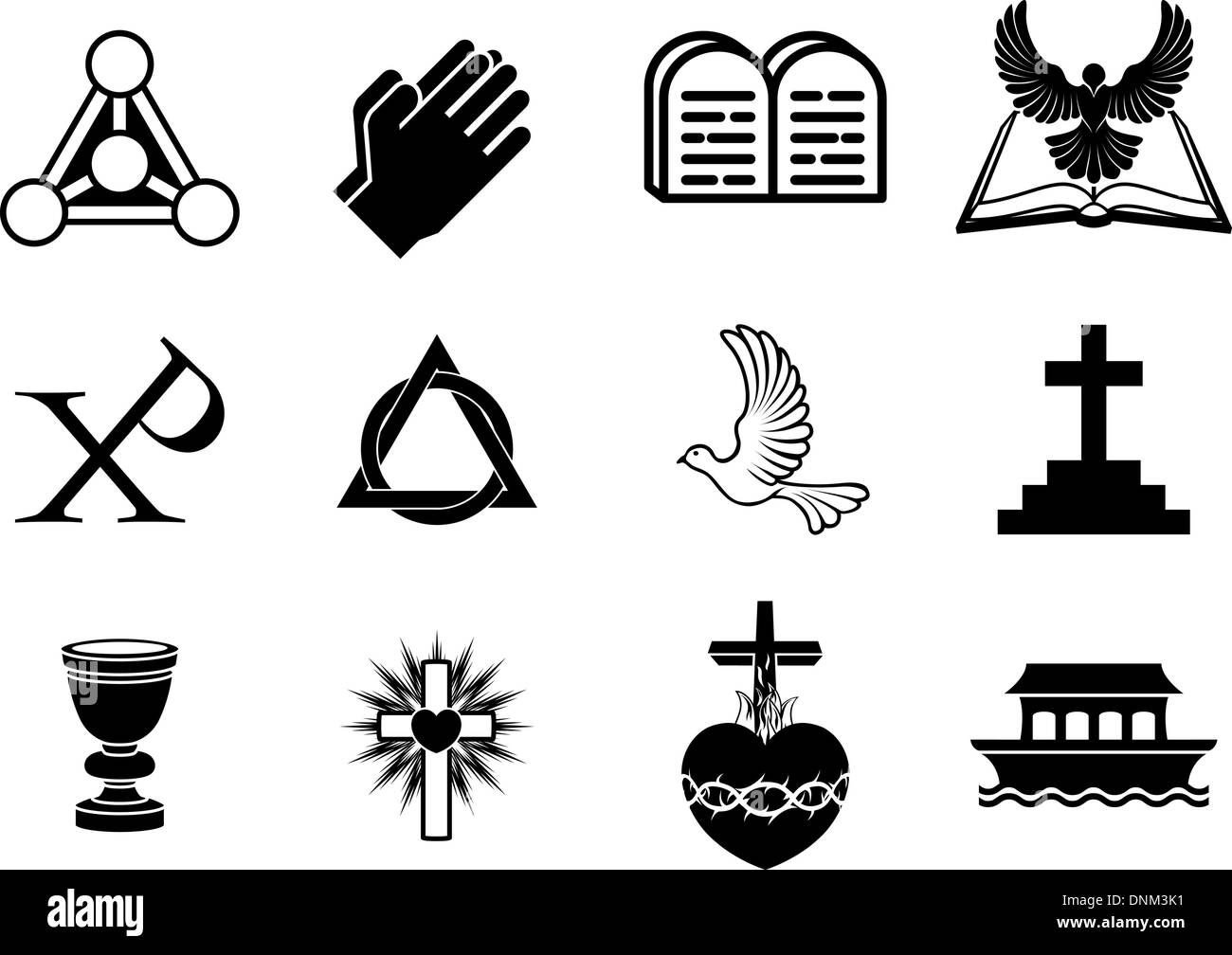 Un ensemble d'icônes et symboles du christianisme, y compris dove, Chi Ro, mains qui prient, bible, Trinity christogram, cross, communion gob Illustration de Vecteur