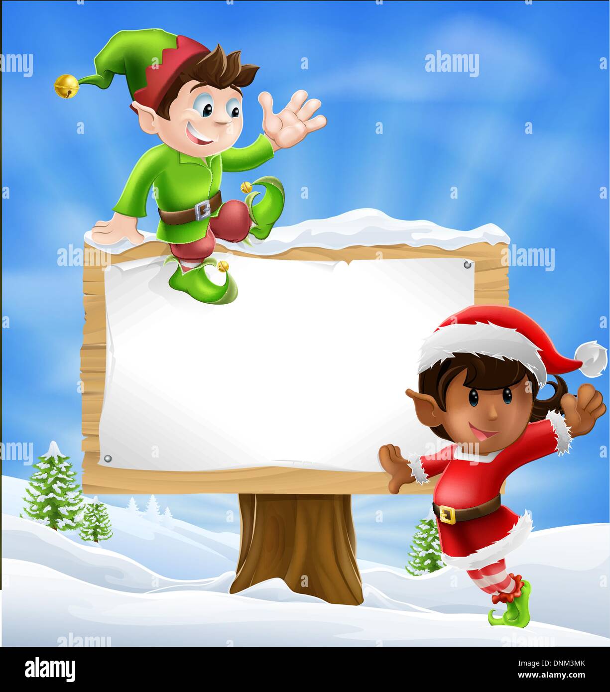 Deux type d'aide du Père Noël personnages de Noël avec un grand panneau avec copyspace Illustration de Vecteur