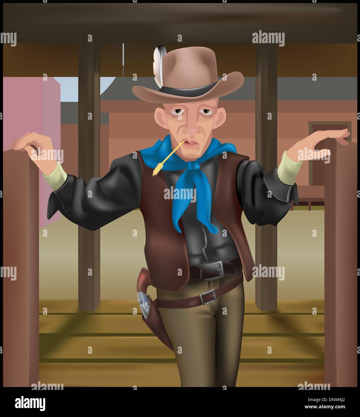 Un cowboy qui traverse certaines portes battantes. Les vêtements et les armes font grand usage de mailles de gradient. Illustration de Vecteur