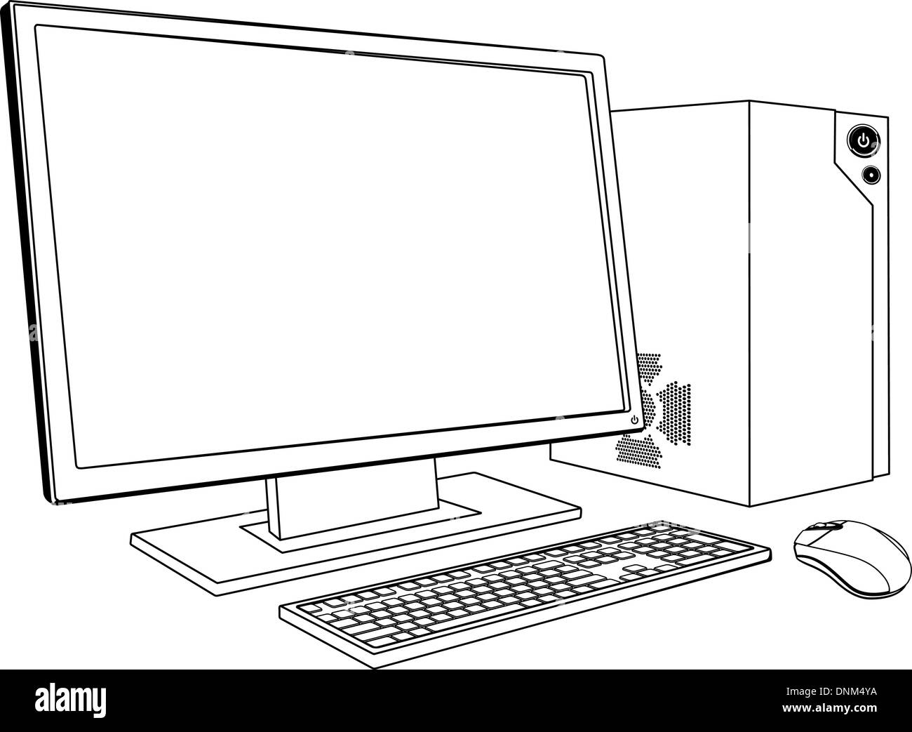 Une illustration en noir et blanc de l'ordinateur de poste de travail. Moniteur, clavier et souris tower Illustration de Vecteur
