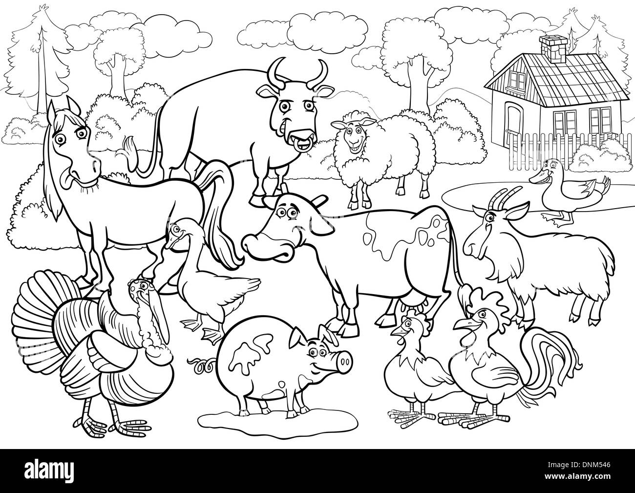 Cartoon noir et blanc Illustration de Scène de pays avec les animaux d'élevage grand groupe pour Coloring Book Illustration de Vecteur