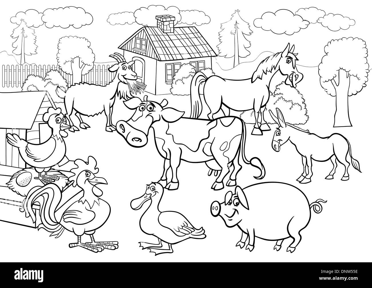 Cartoon noir et blanc Illustration de scène rurale avec les animaux d'élevage grand groupe pour Coloring Book Illustration de Vecteur