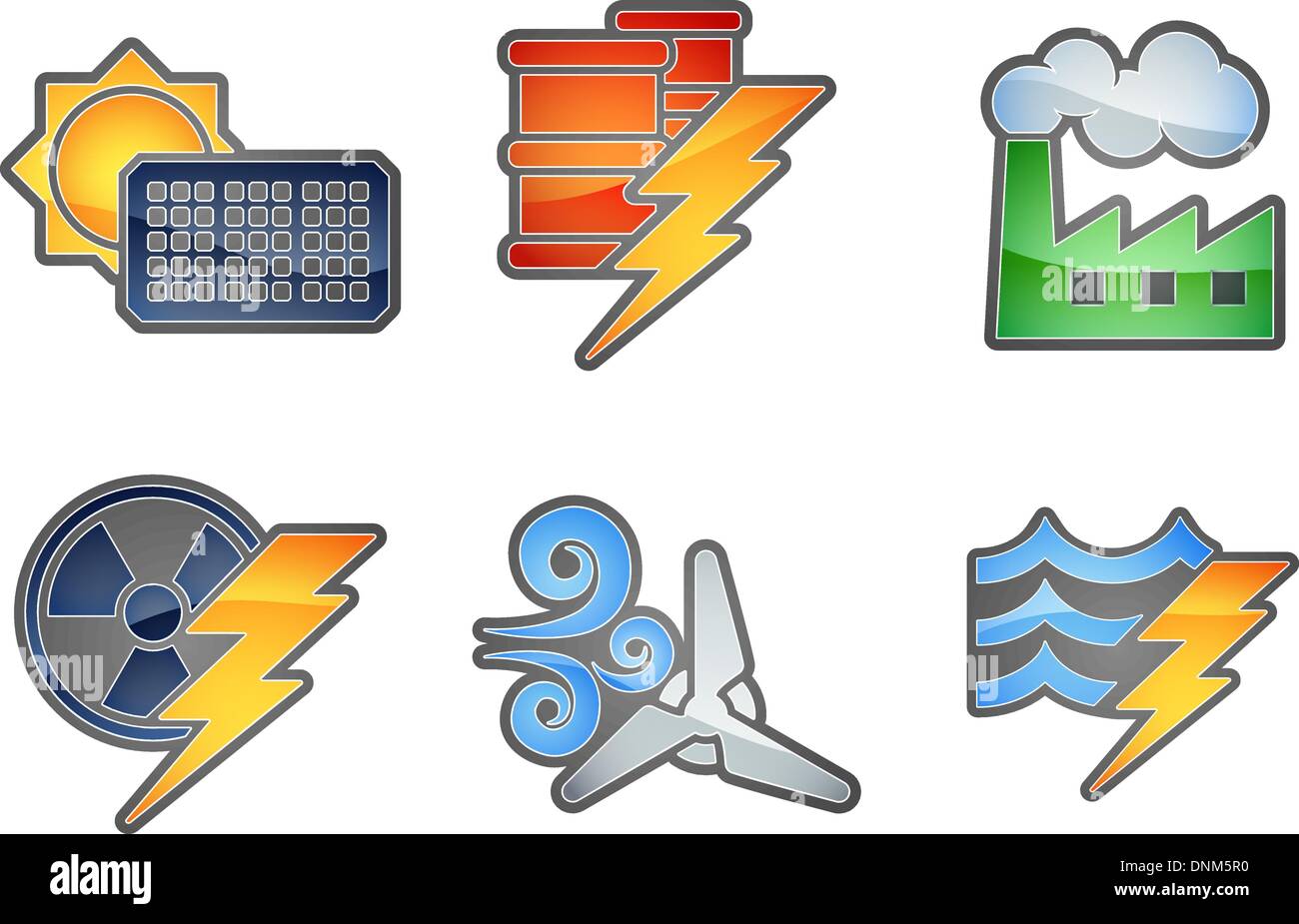 Un ensemble d'icônes de couleur avec liées au pouvoir et la production d'énergie. Combustibles fossiles, solaire, nucléaire, éolienne, hydraulique ou de l'eau et l'huile Illustration de Vecteur