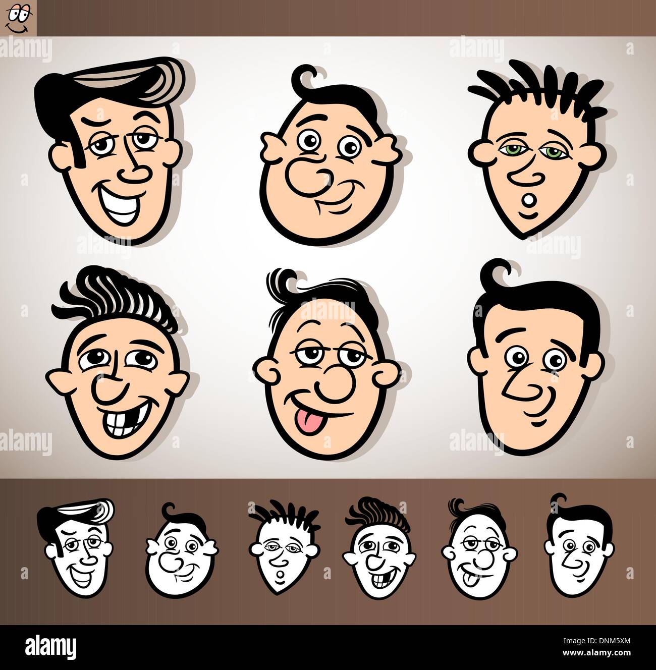 Cartoon Illustration de Funny People avec hommes à la tête plus les versions noir et blanc Illustration de Vecteur