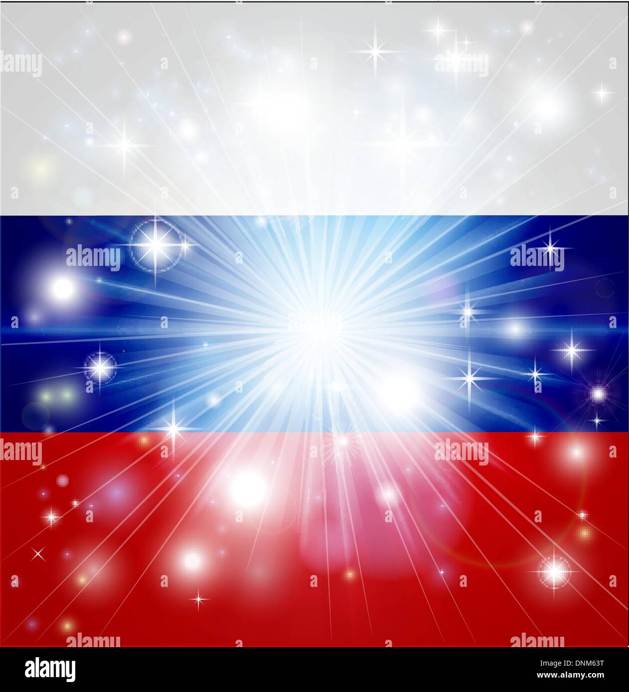 Drapeau de la Fédération de Russie avec l'arrière-plan ou pyrotechniques light burst et copiez l'espace dans le centre Illustration de Vecteur