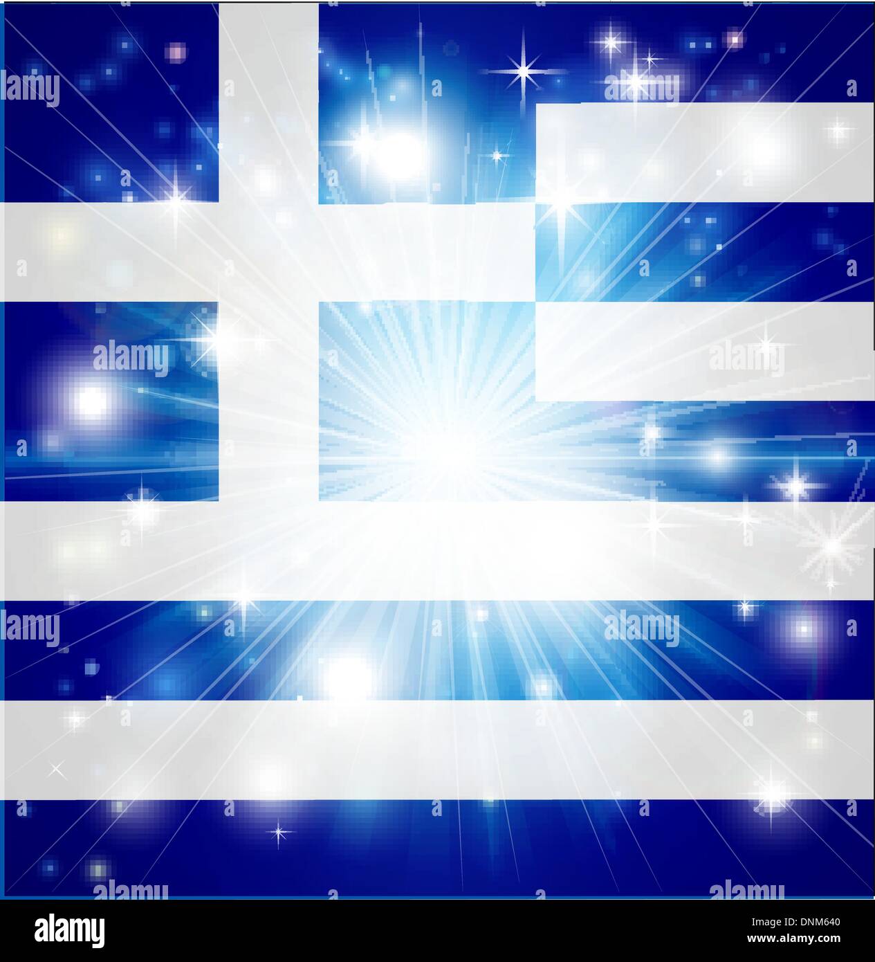 Drapeau de la Grèce avec l'arrière-plan ou pyrotechniques light burst et copiez l'espace dans le centre Illustration de Vecteur