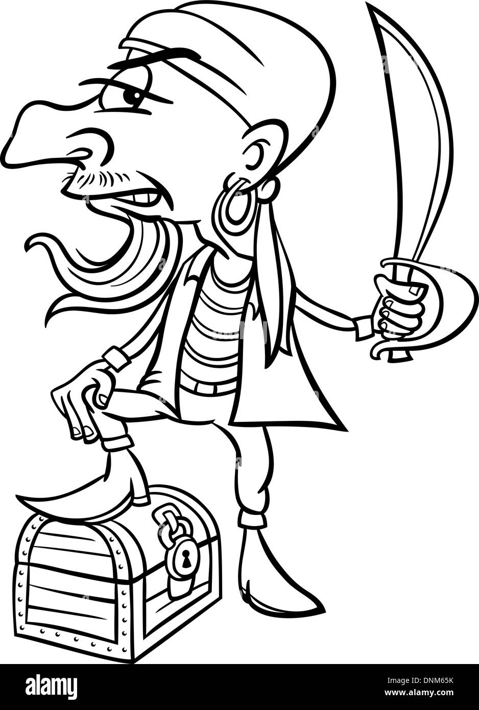 Illustration Cartoon noir et blanc de Funny Pirate ou Corsair à l'épée et trésor pour Coloring Book pour les enfants Illustration de Vecteur