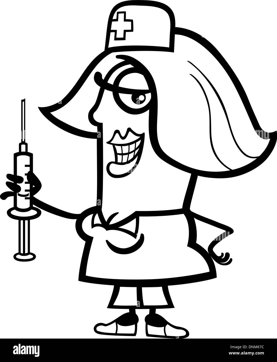 Illustration Cartoon Noir Et Blanc D Infirmiere Avec Seringue Pour L Occupation Profession Coloring Book Image Vectorielle Stock Alamy
