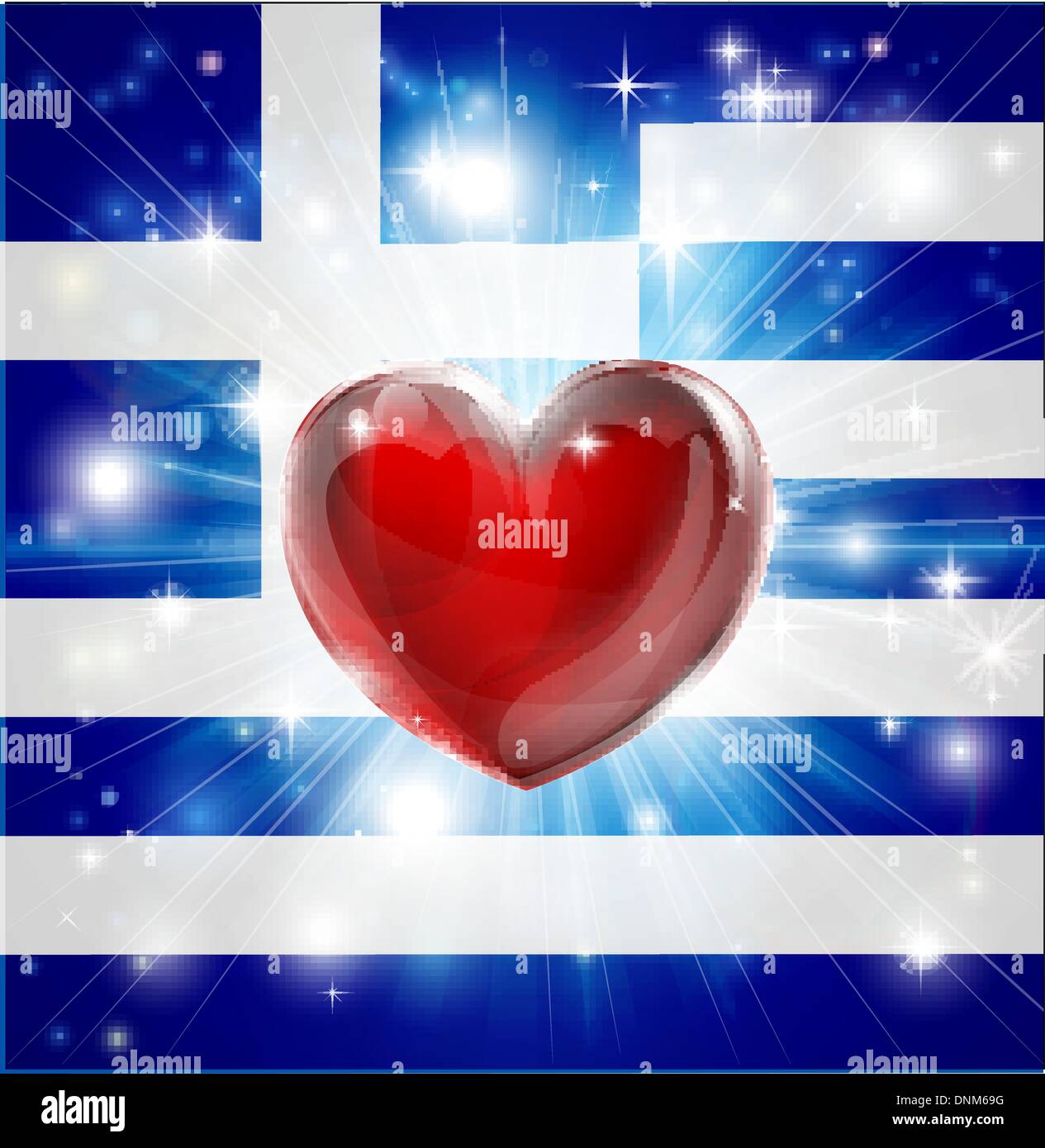 Drapeau de la Grèce avec l'arrière-plan patriotique ou pyrotechniques light burst et coeur d'amour dans le centre Illustration de Vecteur