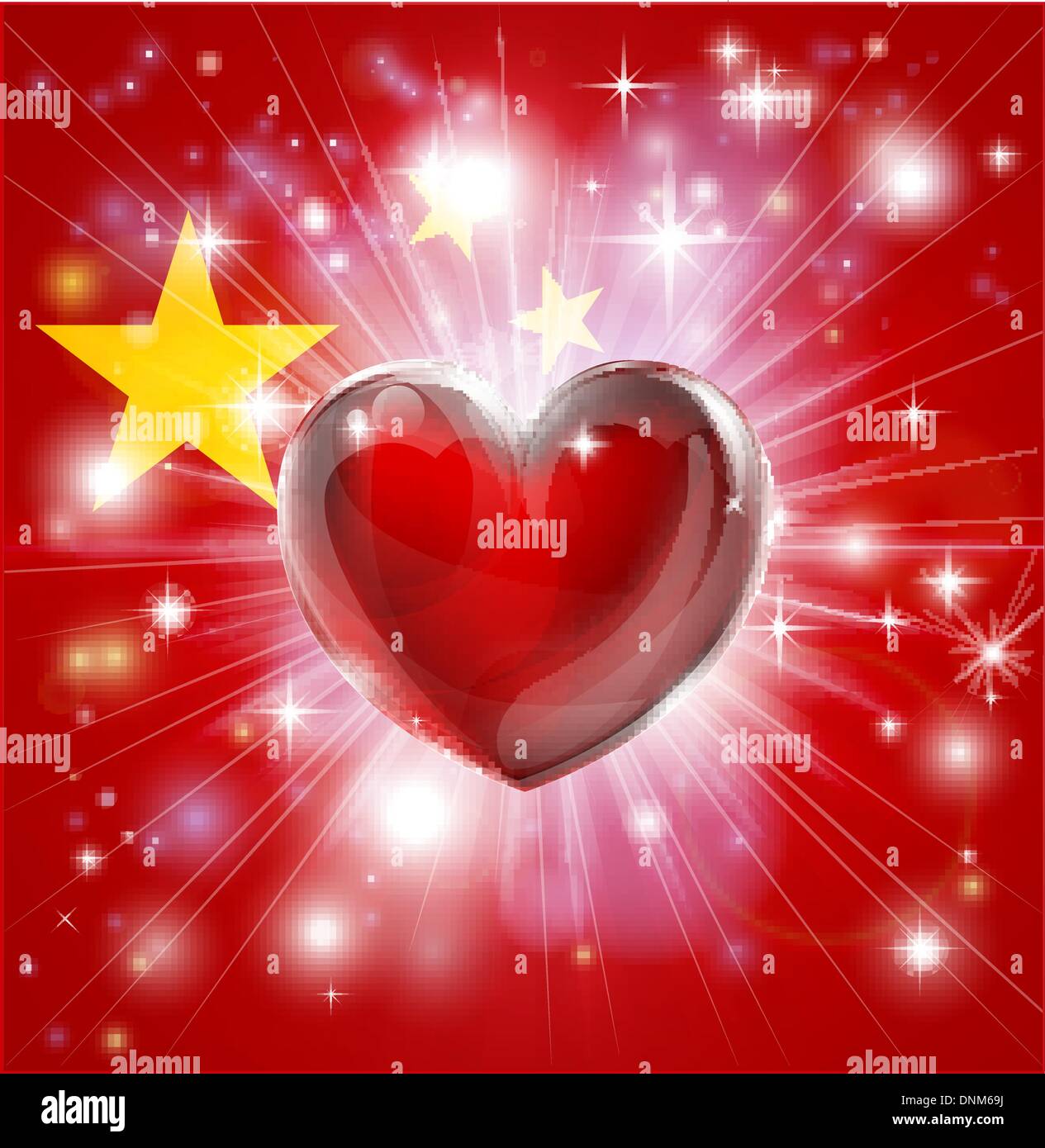 Drapeau de la Chine avec l'arrière-plan patriotique ou pyrotechniques light burst et coeur d'amour dans le centre Illustration de Vecteur