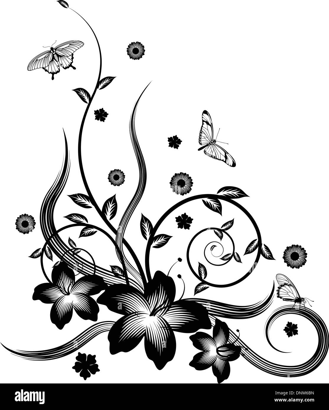 Une magnifique silhouette couleur unique design fleur de coin avec des papillons. Illustration de Vecteur