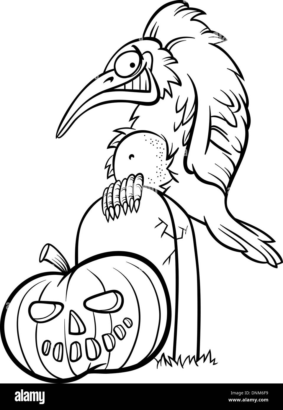 Illustration Cartoon noir et blanc de Spooky ou Raven Crow sur la tombe avec Halloween citrouille pour Coloring Book Illustration de Vecteur