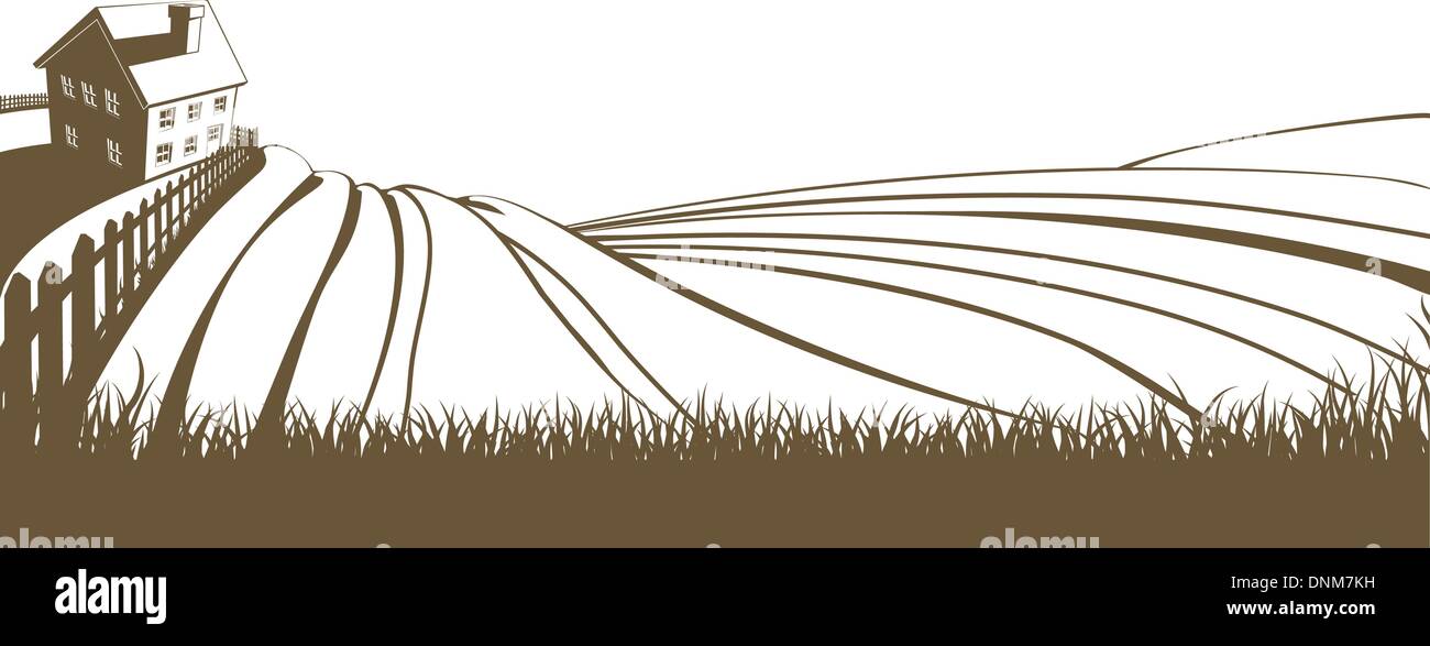 Une illustration d'un idyllique paysage agricole avec ferme et collines Illustration de Vecteur