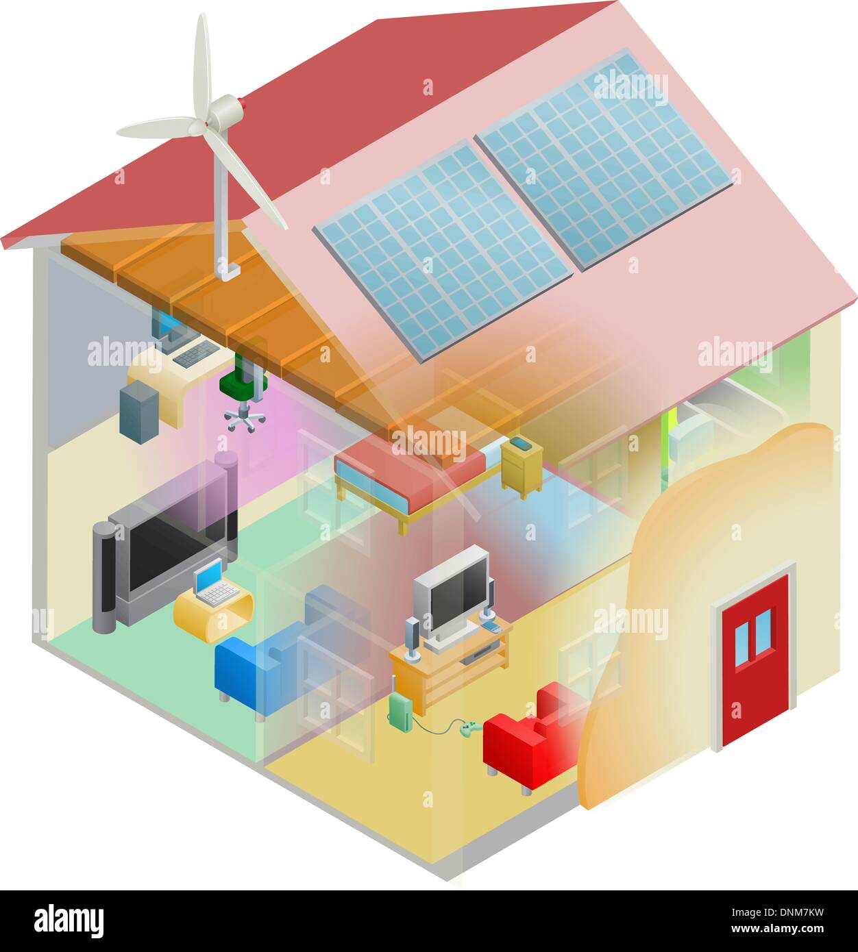 L'efficacité énergétique accueil chambre avec mur creux et isolation, Éoliennes et panneaux solaires sur le toit. Illustration de Vecteur