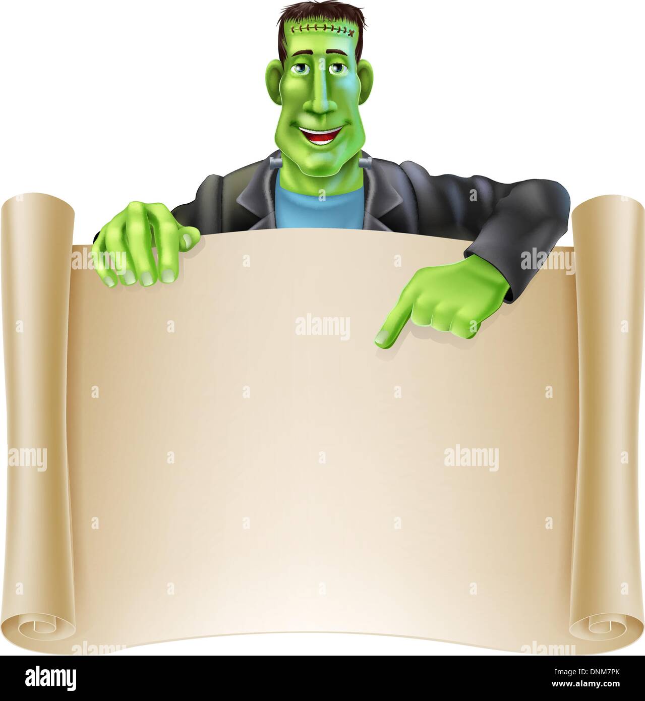 Une illustration d'un monstre Frankenstein cute cartoon character pointant à un signe de défilement. Parfait pour votre signe d'Halloween ou m Illustration de Vecteur