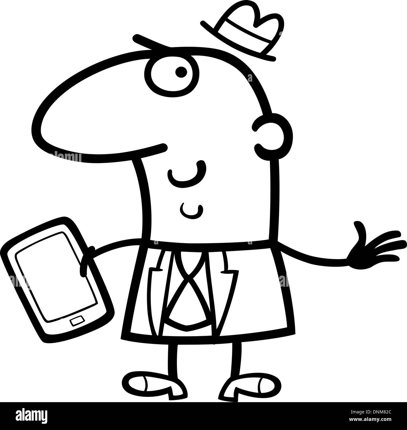 Illustration Cartoon noir et blanc de l'homme ou homme d'affaires avec Tablet PC ou téléphone mobile Illustration de Vecteur