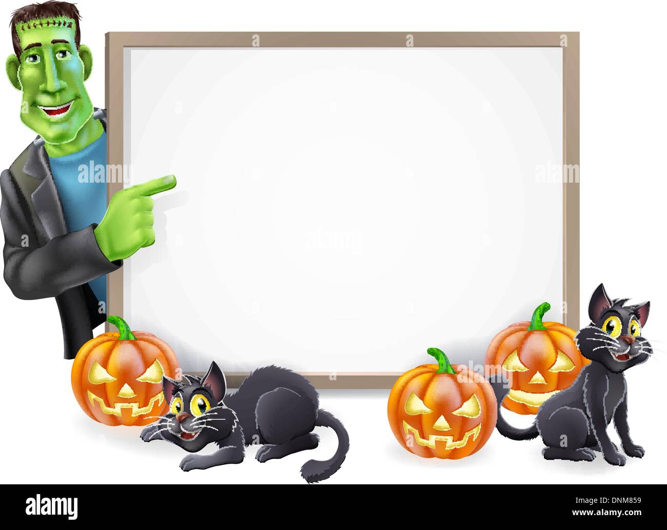 Illustration d'un cartoon Halloween signe avec Frankenstein monster classic pointing at blank sign prêt pour votre texte. Exploit aussi Illustration de Vecteur
