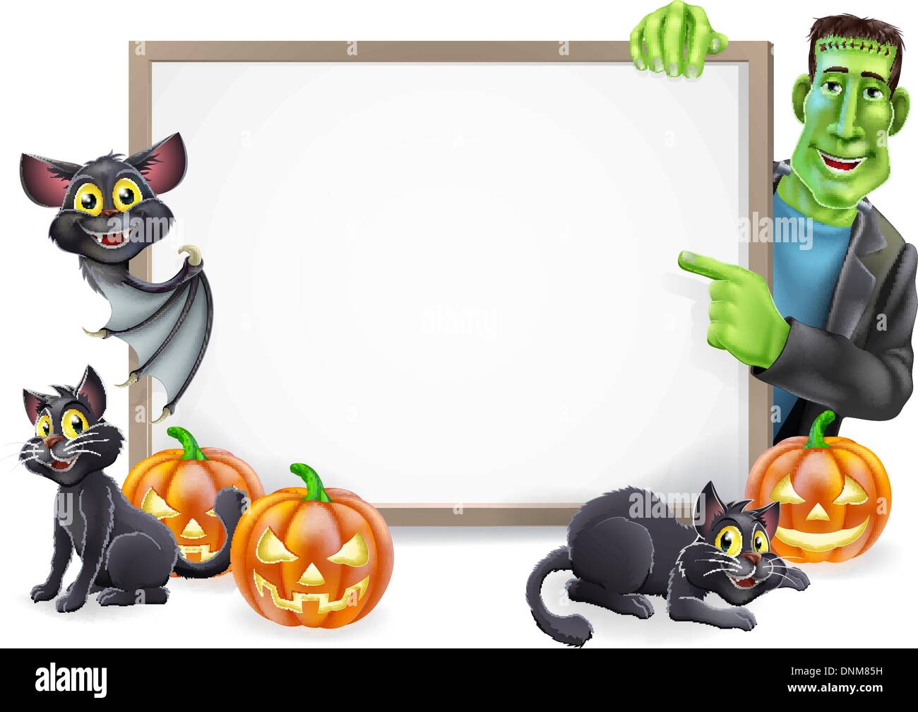 Signe ou la bannière d'Halloween avec des citrouilles d'Halloween orange et noir, les chats de la sorcière witch's broom stick et cartoon mon Frankenstein Illustration de Vecteur