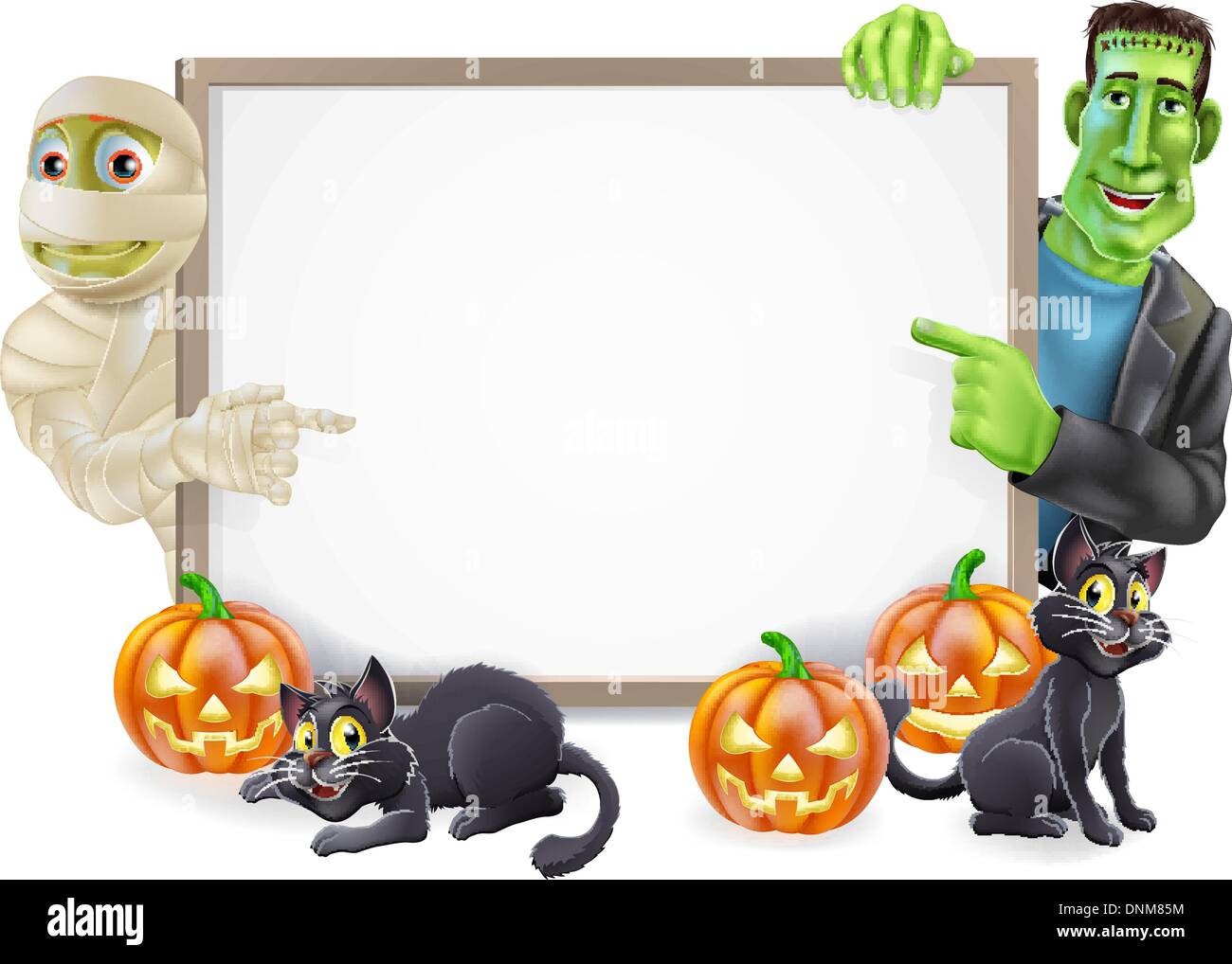 Signe ou la bannière d'Halloween avec des citrouilles d'Halloween orange et noir, les chats de la sorcière witch's balai et cartoon Frankenstein mons Illustration de Vecteur
