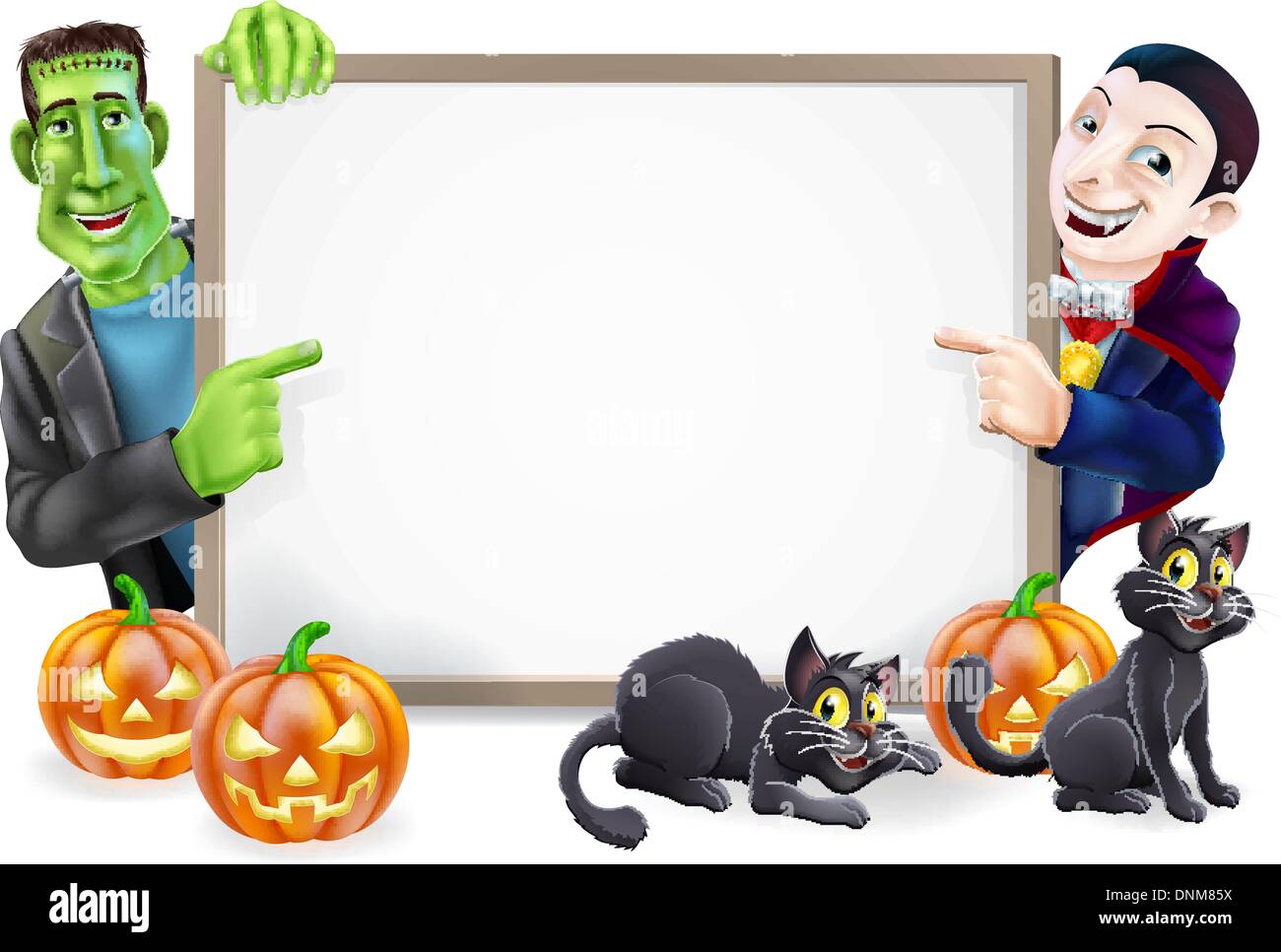 Signe ou la bannière d'Halloween avec des citrouilles d'Halloween orange et noir, les chats de la sorcière witch's broom stick et cartoon mon Frankenstein Illustration de Vecteur