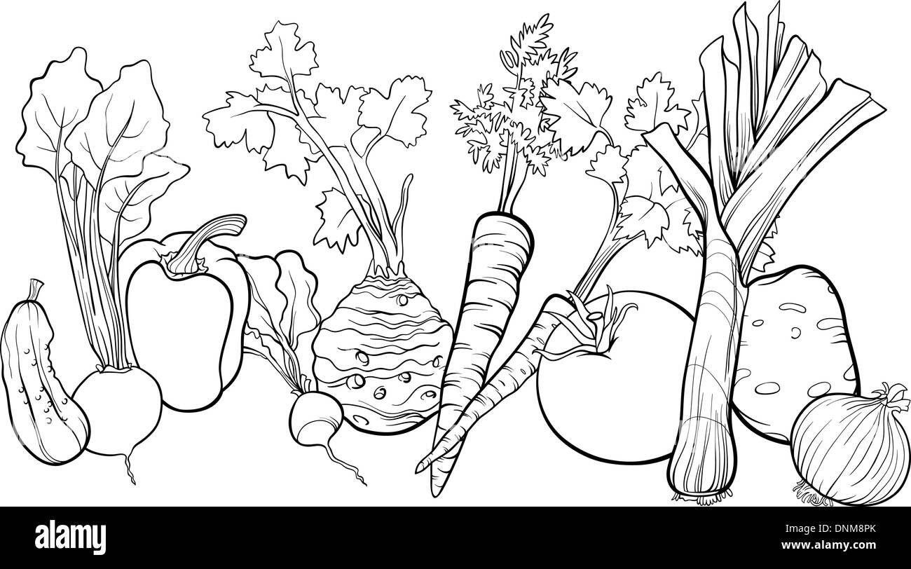 Cartoon noir et blanc Illustration de l'objet grand groupe alimentaire Légumes pour Coloring Book Illustration de Vecteur