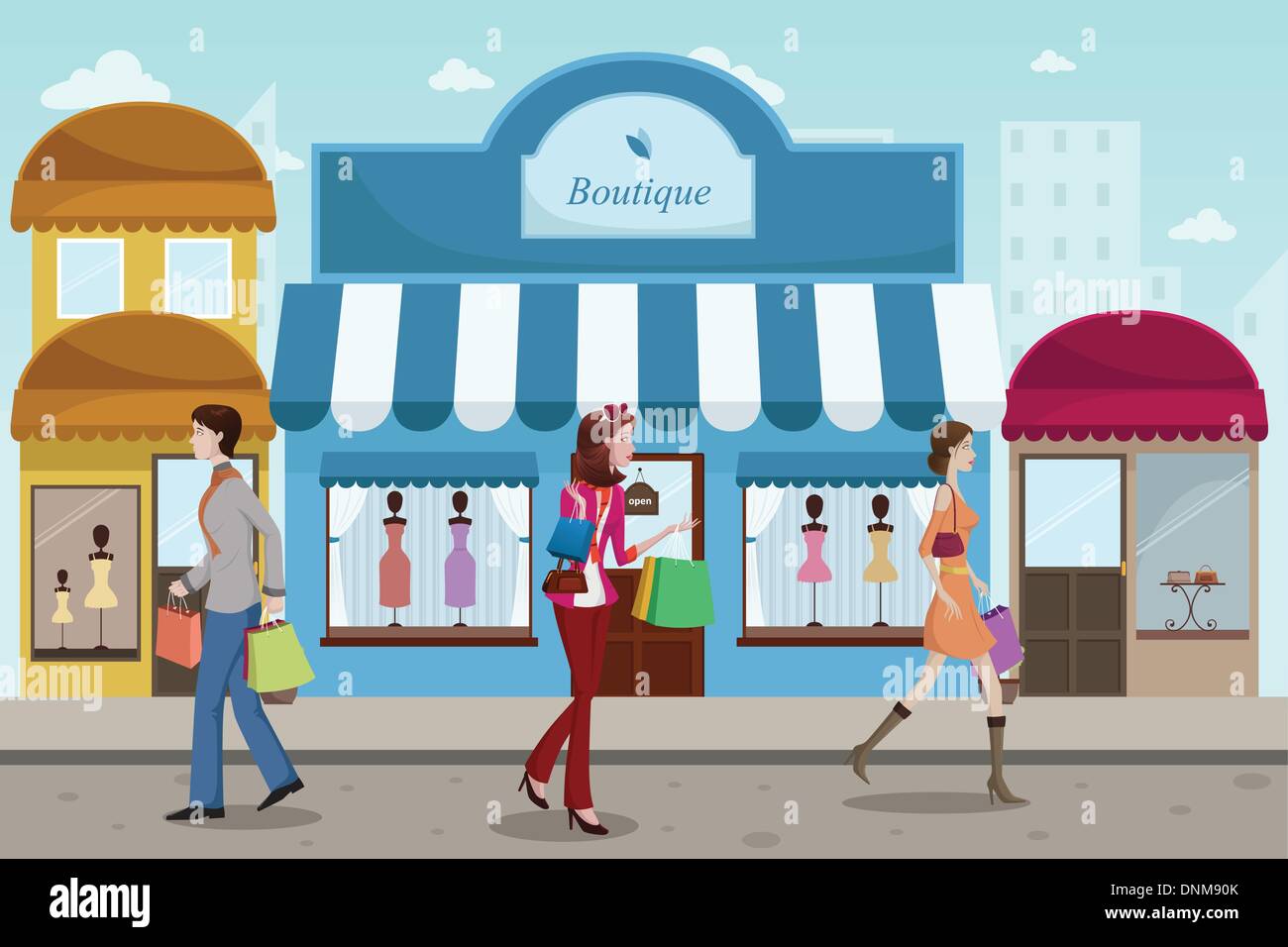 Un vecteur illustration de personnes styliste shopping dans un centre commercial en plein air avec un style boutique française Illustration de Vecteur