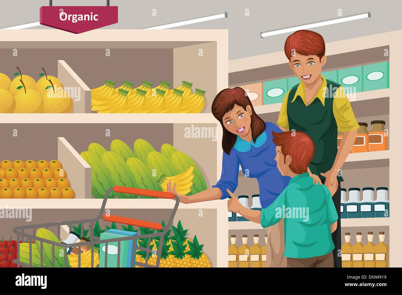 Un vecteur illustration d'une famille heureuse dans un supermarché fruits shopping Illustration de Vecteur