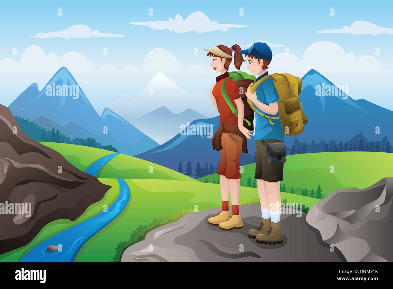 Un vecteur illustration de couple de backpackers on top of mountain Illustration de Vecteur