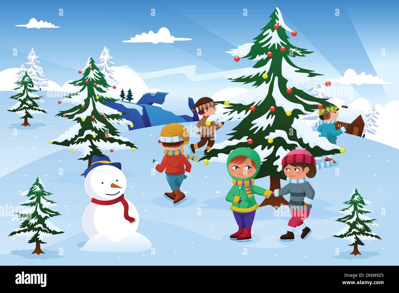 Un vecteur illustration de groupe d'enfants heureux tourner autour d'un arbre de Noël Illustration de Vecteur